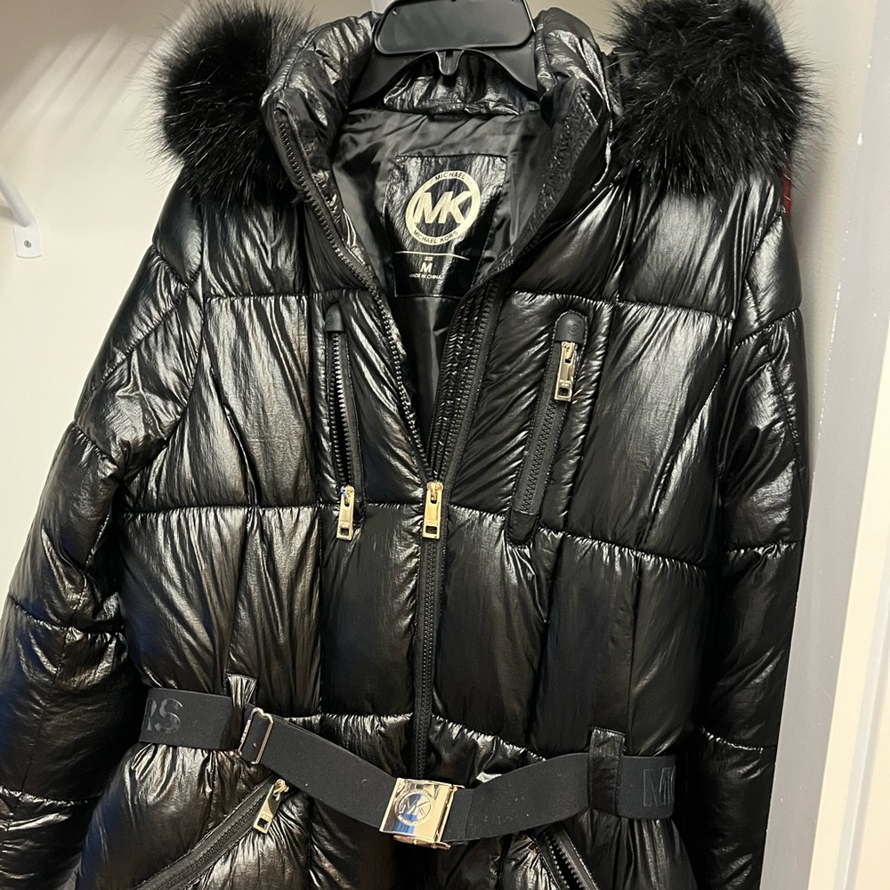 Michael Kors Black Belted Puffer with faux fur